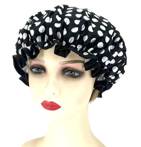 Shower Cap Black with White Poker Dot Print