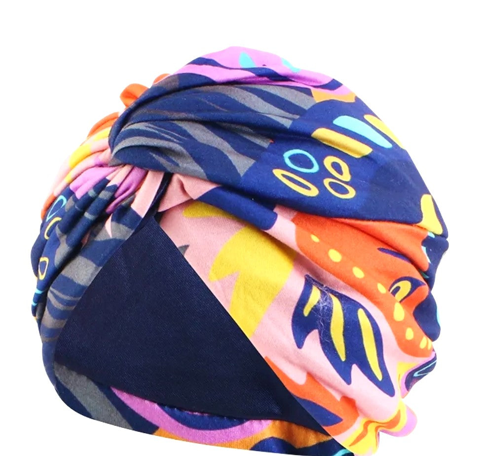 Deluxe Hair Wrap Navy Multi Coloured with Satin Lining