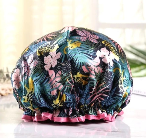 Shower Cap Black with Animal Tropical Print