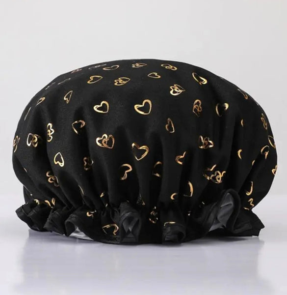 Shower Cap Black with Gold Heart Print