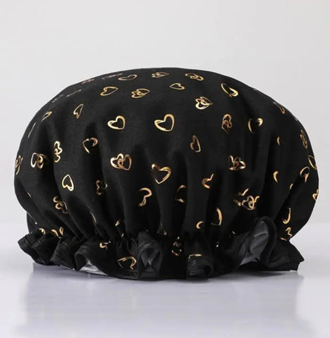 Shower Cap Black with Gold Heart Print