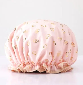 Shower Cap Pink with Gold Heart Print