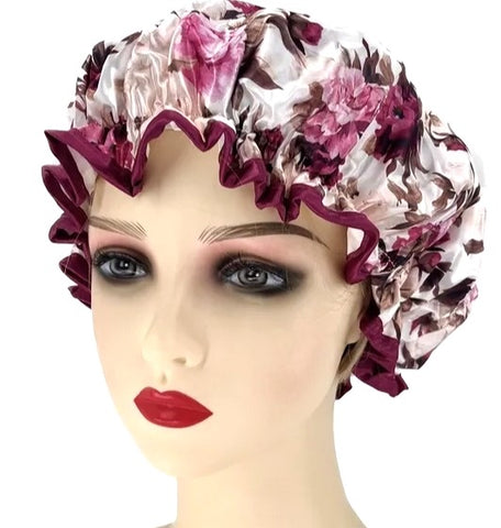 Shower Cap Large Size White Floral