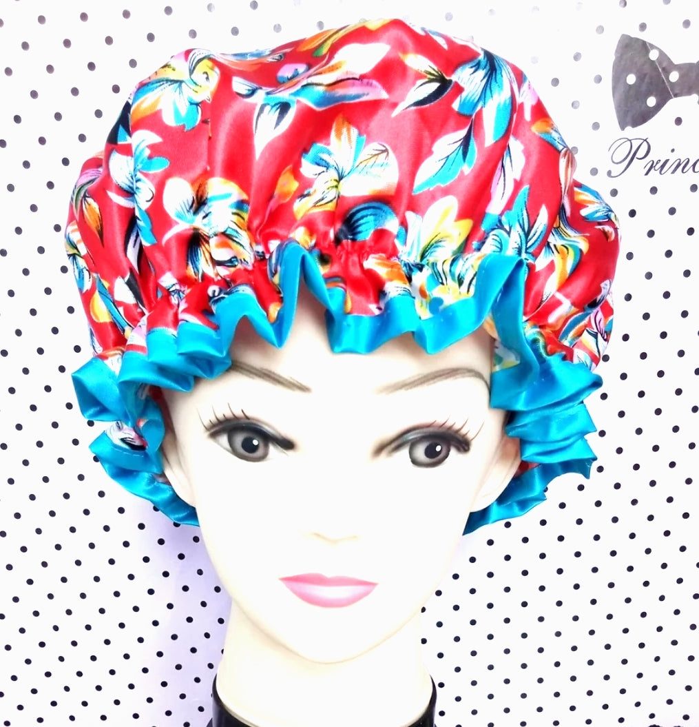 Shower Cap Red Floral Print.