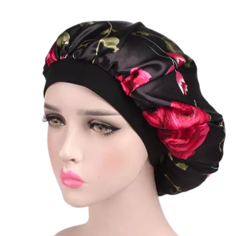 Silk Sleep Cap Floral In Black Rose Print