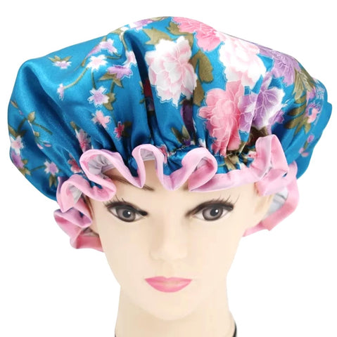 Shower Cap Royal Blue Floral Print