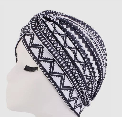 Hair Wrap Black & White with gathered fabric