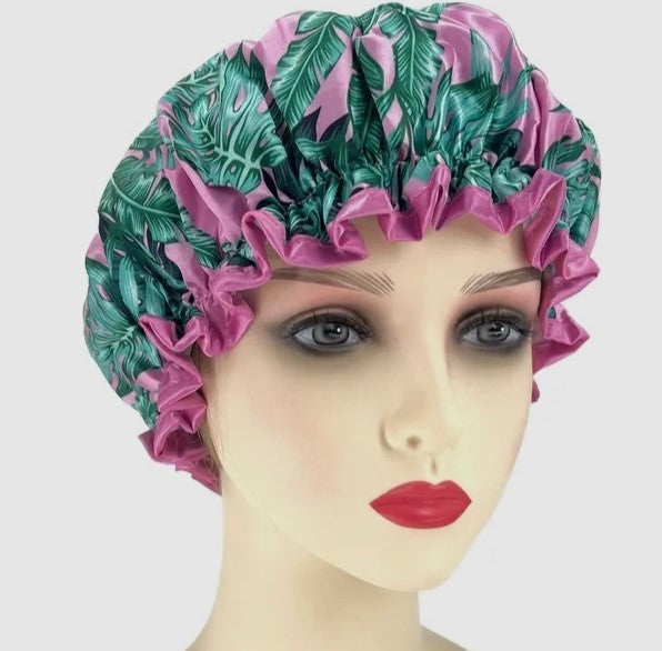 Shower Cap Pink Green Leaf Print